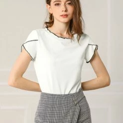 Allegra K Women's Elegant Tops Contrast Color Round Neck Cap Sleeve Solid Casual Shirt 22 Allegra K Women's Elegant Tops Contrast Color Round Neck Cap Sleeve Solid Casual Shirt