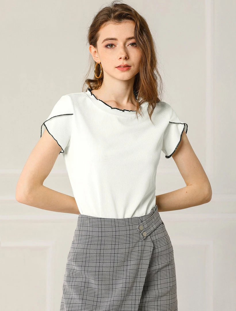 Allegra K Women's Elegant Tops Contrast Color Round Neck Cap Sleeve Solid Casual Shirt 5 Allegra K Women's Elegant Tops Contrast Color Round Neck Cap Sleeve Solid Casual Shirt