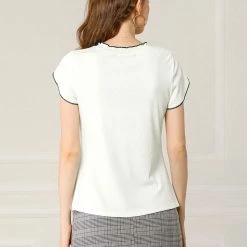Allegra K Women's Elegant Tops Contrast Color Round Neck Cap Sleeve Solid Casual Shirt 24 Allegra K Women's Elegant Tops Contrast Color Round Neck Cap Sleeve Solid Casual Shirt