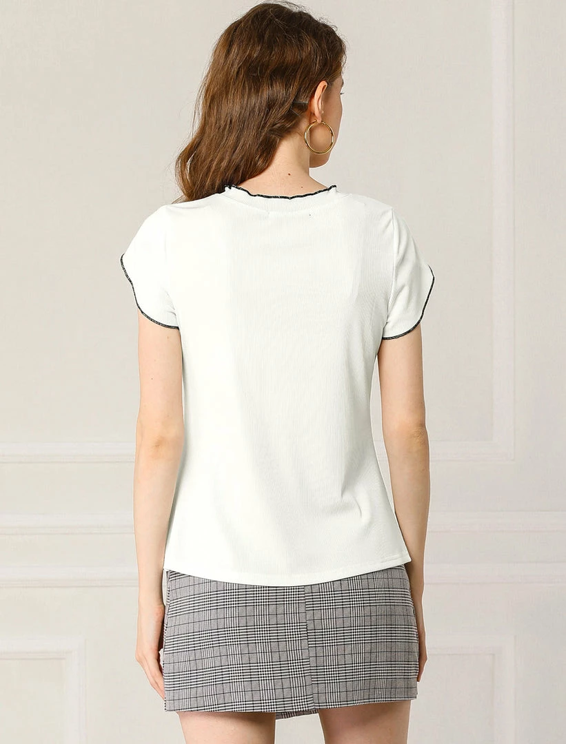 Allegra K Women's Elegant Tops Contrast Color Round Neck Cap Sleeve Solid Casual Shirt 7 Allegra K Women's Elegant Tops Contrast Color Round Neck Cap Sleeve Solid Casual Shirt