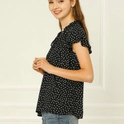 Allegra K Women's Polka Dot Blouse Flare Sleeve Ruffle Tie Neck Top Shirt