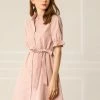 Allegra K Women's Casual Short Ruffled Sleeve Cotton Solid Color Button Down Shirt Dress With Belt