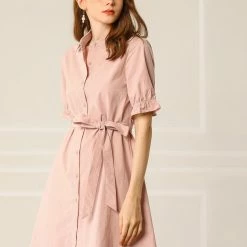 Allegra K Women's Casual Short Ruffled Sleeve Cotton Solid Color Button Down Shirt Dress With Belt