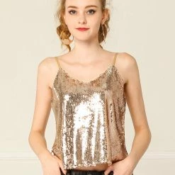 Allegra K Women's Sequin Sparkle Glitter Spaghetti Strap Crop Camisole Tank Top