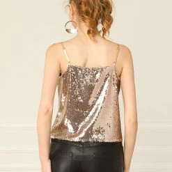 Allegra K Women's Sequin Sparkle Glitter Spaghetti Strap Crop Camisole Tank Top