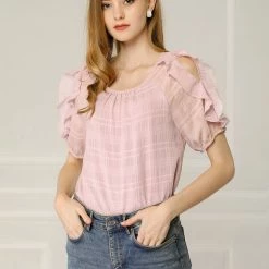 Allegra K Women's Summer Ruffle Blouses Boat Neck Chiffon T-Shirts Out Shoulder Tops 16 Allegra K Women's Summer Ruffle Blouses Boat Neck Chiffon T-Shirts Out Shoulder Tops