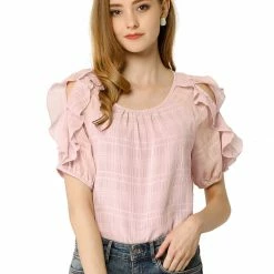 Allegra K Women's Summer Ruffle Blouses Boat Neck Chiffon T-Shirts Out Shoulder Tops