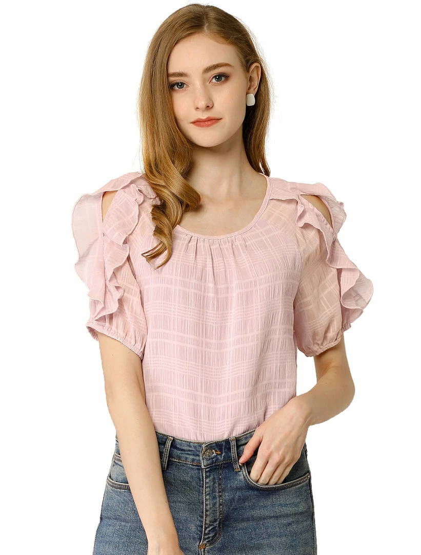 Allegra K Women's Summer Ruffle Blouses Boat Neck Chiffon T-Shirts Out Shoulder Tops 3 Allegra K Women's Summer Ruffle Blouses Boat Neck Chiffon T-Shirts Out Shoulder Tops