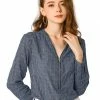 Allegra K Women's Plaids Print Blouses V Neck Zipper Long Sleeve Button Cuff Casual Tops