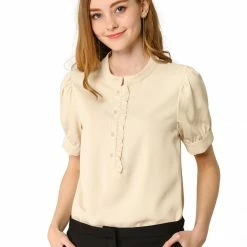 Allegra K Women's Work Office Top Blouse Ruffled Puff Sleeve Shirt