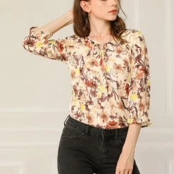 Allegra K Women's Tie V Neck Casual Boho Ruffled 3/4 Sleeve Floral Blouse Tops