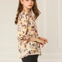 Allegra K Women's Tie V Neck Casual Boho Ruffled 3/4 Sleeve Floral Blouse Tops
