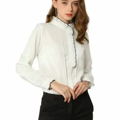 Allegra K Women's Work Office Ruffled Button Down Long Sleeve Shirts Blouse