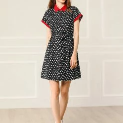 Allegra K Women's Vintage Button Up Belted Short Sleeve Star Print Shirt Dress