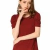 Allegra K The Summer Chill Women's Ruched Puff Sleeve Round Neck Slim Fit Solid Color Top Shirt