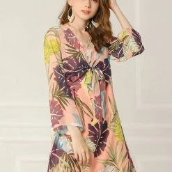 Allegra K Women's V Neck Tie Front Tropical Floral Print Dress
