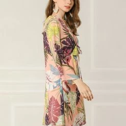 Allegra K Women's V Neck Tie Front Tropical Floral Print Dress