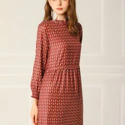 Allegra K Women's Floral Leaf Print Ruffle Neck Smocked Cuff Short Flare Dress