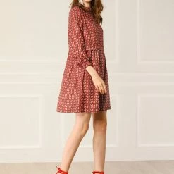 Allegra K Women's Floral Leaf Print Ruffle Neck Smocked Cuff Short Flare Dress