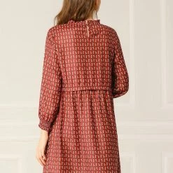 Allegra K Women's Floral Leaf Print Ruffle Neck Smocked Cuff Short Flare Dress