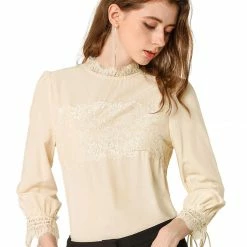 Allegra K Women's 3/4 Sleeves Mock Neck Lace Panel Blouse