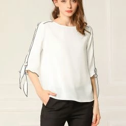 Allegra K Women's Office Blouse Ruffle Elbow Tie Sleeve Round Neck Elegant Top