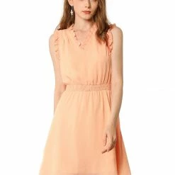 Allegra K Women's Sleeveless Ruffle V Neck Chiffon Smocked Waist A-Line Dress