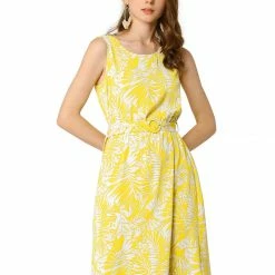 Allegra K Women's Floral Round Neck Sleeveless Belt Summer Dress