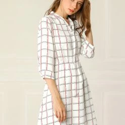 Allegra K Women's Plaids Print Tie-bow Neck Dress 3/4 Sleeves Above Knee Work Office Dresses