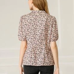 Allegra K Women's Sweet Ruffle Peter Pan Collar Puff Sleeves Floral Print Button Down Shirt