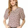 Allegra K Women's Sweet Ruffle Peter Pan Collar Puff Sleeves Floral Print Button Down Shirt