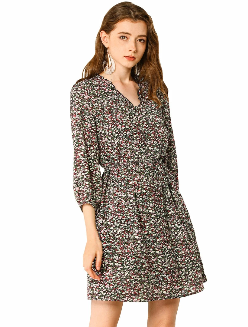 Allegra K Women's Summer Casual Dresses V Neck 3/4 Lantern Sleeves Floral Dress 3 Allegra K Women's Summer Casual Dresses V Neck 3/4 Lantern Sleeves Floral Dress