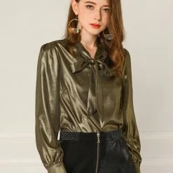 Allegra K Women's Sparkly Metallic Work Office Shirt Long Sleeve Tie Neck Glitter Shiny Blouse Top