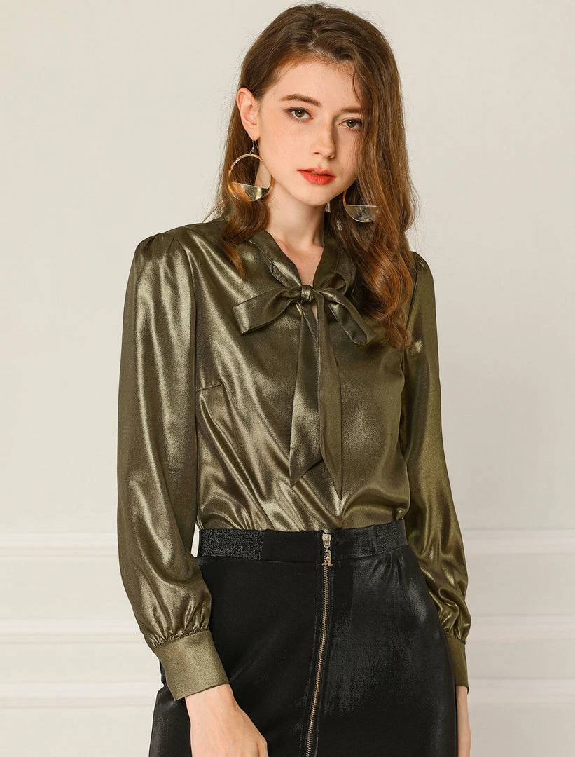 Allegra K Women's Sparkly Metallic Work Office Shirt Long Sleeve Tie Neck Glitter Shiny Blouse Top 4 Allegra K Women's Sparkly Metallic Work Office Shirt Long Sleeve Tie Neck Glitter Shiny Blouse Top