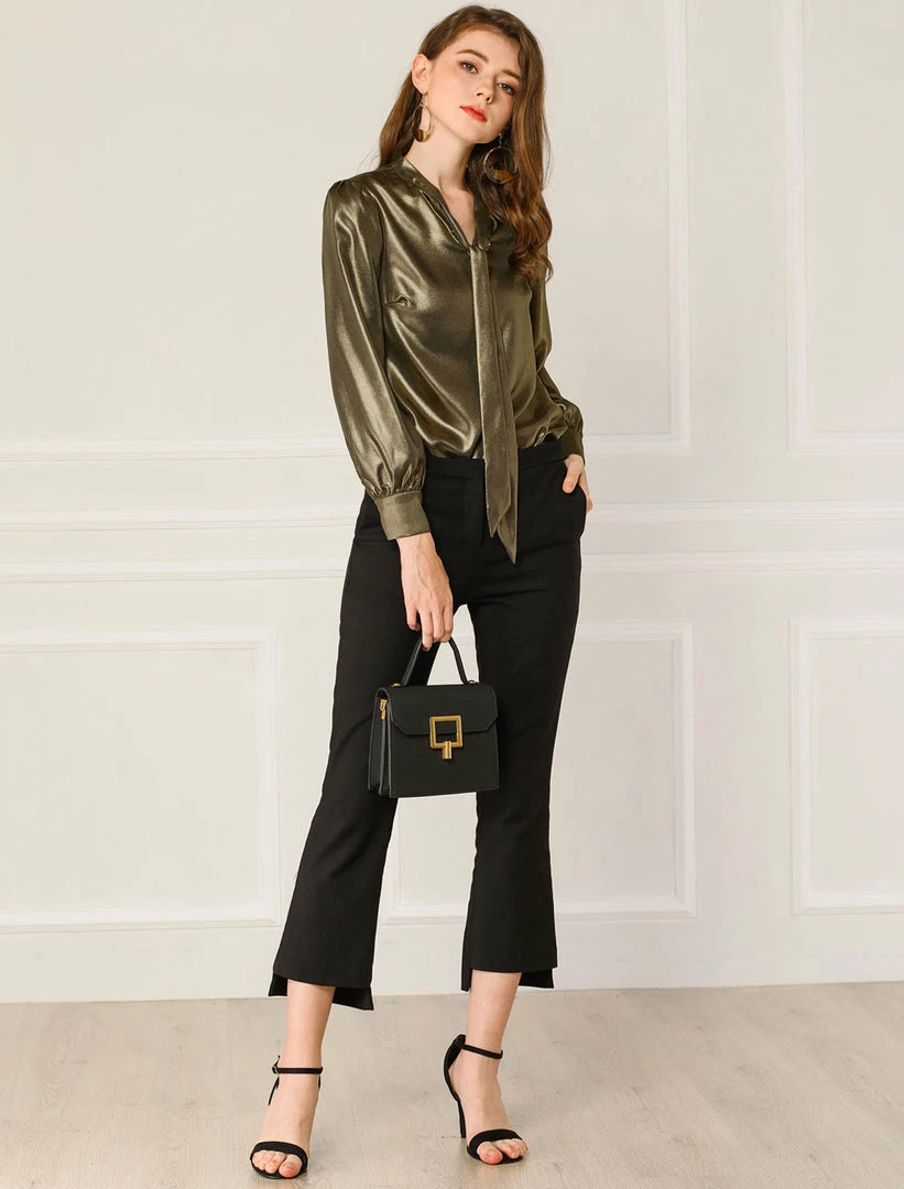 Allegra K Women's Sparkly Metallic Work Office Shirt Long Sleeve Tie Neck Glitter Shiny Blouse Top 5 Allegra K Women's Sparkly Metallic Work Office Shirt Long Sleeve Tie Neck Glitter Shiny Blouse Top