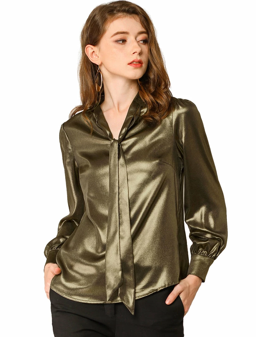 Allegra K Women's Sparkly Metallic Work Office Shirt Long Sleeve Tie Neck Glitter Shiny Blouse Top 3 Allegra K Women's Sparkly Metallic Work Office Shirt Long Sleeve Tie Neck Glitter Shiny Blouse Top