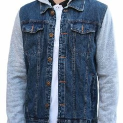 Allegra K Men's Hoodies Sweatshirt Jean Patchwork Sleeves Button Down Denim Jacket