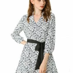 Allegra K Women's Ruffle Hem V Neck Contrast Color Belted Above Knee Elegant Floral Dress