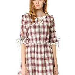 Allegra K Women's Plaid Tie Keyhole Neck Half Sleeves Lined Dress