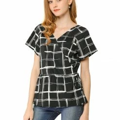 Allegra K Women's Plaid Drawstring Waist Short Sleeve V-neck Wrap Peplum Top