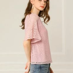 Allegra K Women's Floral Lace Trumpet Raglan Sleeves Round Neck Blouse Top