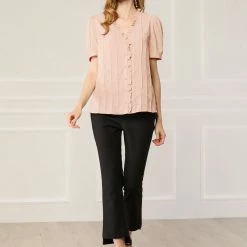 Allegra K Women's V Neck Sweet Ruffle Casual Puff Sleeve Blouse Solid Color Cute Top