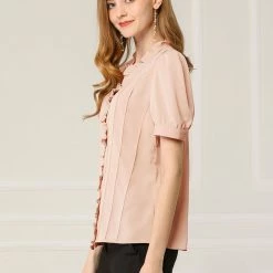 Allegra K Women's V Neck Sweet Ruffle Casual Puff Sleeve Blouse Solid Color Cute Top