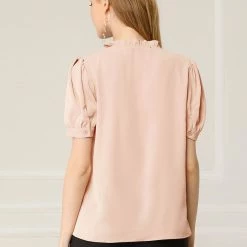Allegra K Women's V Neck Sweet Ruffle Casual Puff Sleeve Blouse Solid Color Cute Top