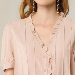 Allegra K Women's V Neck Sweet Ruffle Casual Puff Sleeve Blouse Solid Color Cute Top