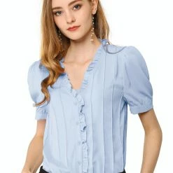 Allegra K Women's V Neck Sweet Ruffle Casual Puff Sleeve Blouse Solid Color Cute Top