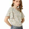 Allegra K Women's Floral Butterfly Short Sleeve Round Neck Casual Chiffon Blouse Tops