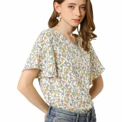Allegra K Women's Floral Butterfly Short Sleeve Round Neck Casual Chiffon Blouse Tops