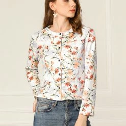 Allegra K Women's Spring Floral Printed Cardigan Long Sleeves Elegant Button Down Shirt Top