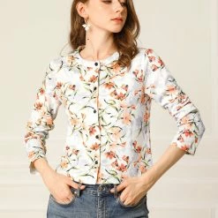 Allegra K Women's Spring Floral Printed Cardigan Long Sleeves Elegant Button Down Shirt Top